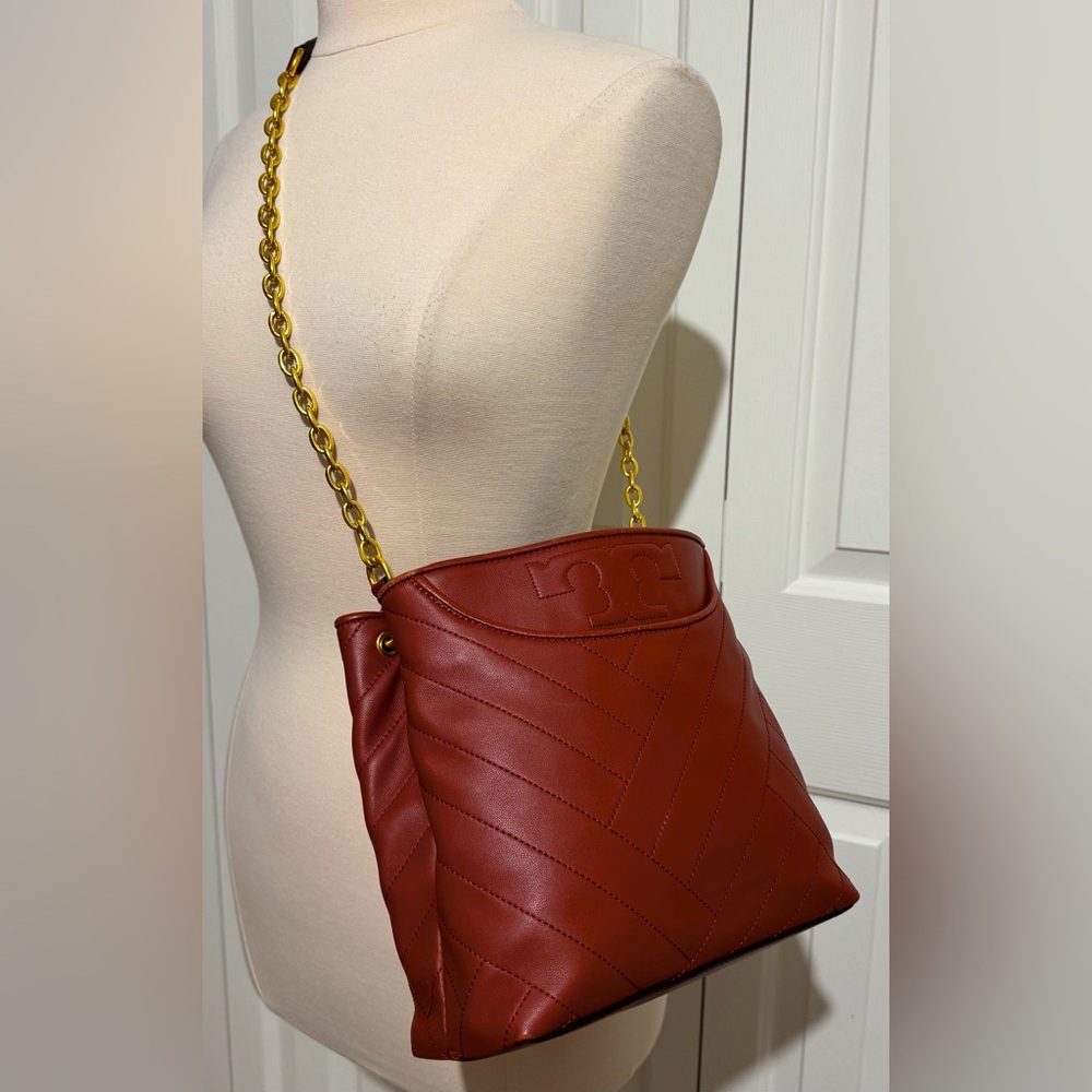 RARE Tory Burch Small Alexa Convertible Tote Bag Quilted Lambskin Rust Gold EUC - Picture 2 of 15